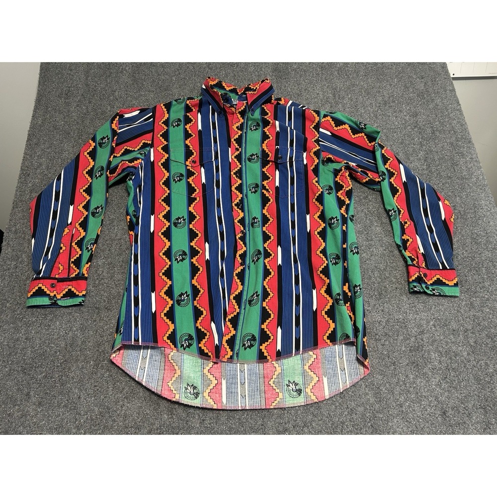 VTG‎ Wrangler Shirt Mens 17-35 Red Brushpopper Southwestern X Long Tails Navajo